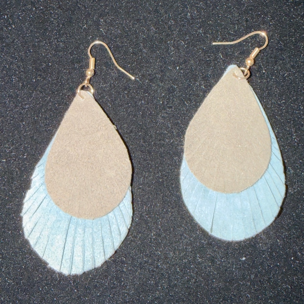 Elegant Blue and Gray Leather Feather Earrings